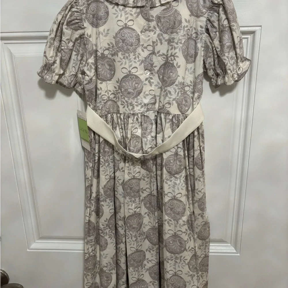 Le’ Za Me Girls Glisten Dress 6X Beige Taupe Holiday Bow Puff Sleeve NWT